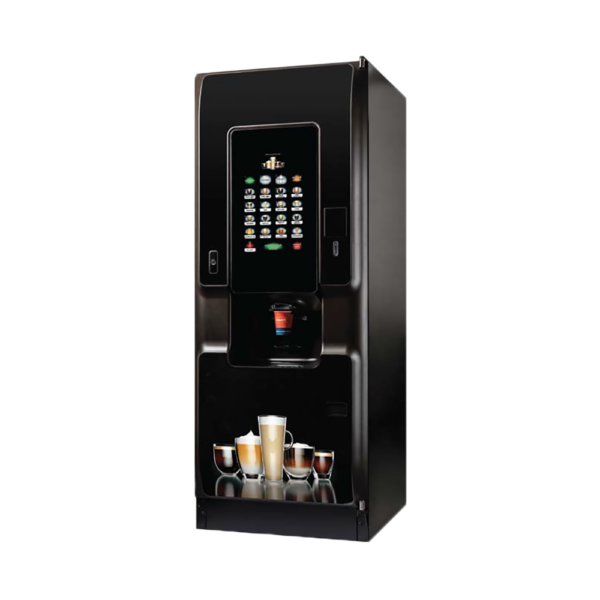 The Cali utilises Crane’s reliable coffee platform to deliver high-quality beverages, from freshley brewed coffee to fresh leaf tea and everything inbetween. Offering a superior consumer experience, the Cali’s barista-quality cofee dispenses in less than 40 seconds from start to finish. The machine is encased in a sleek dark exterior and, combined with its user-friendly menu and wide range of drinks, perfectly meets the needs and tastes of today’s consumer. CALI is based on CPI’s reliable coffee platform which delivers high quality coffee from beans and fresh leaf tea drinks. The stylish and robust exterior makes CALI the perfect solution for any environment. CALI features a touch user interface to meet the requirements from today’s consumers with visual, backlit touch buttons and a colour video display. Features: Great consumer experience Stylish, durable design Reliable CPI coffee platform Barista quality coffee Easy to use interactive menu and interface Customisable and bespoke touch screen Up to 800 cup capacity Programmable energy saving mode Compatible with coins, notes and cashless payment systems 5″ HD colour landscape display